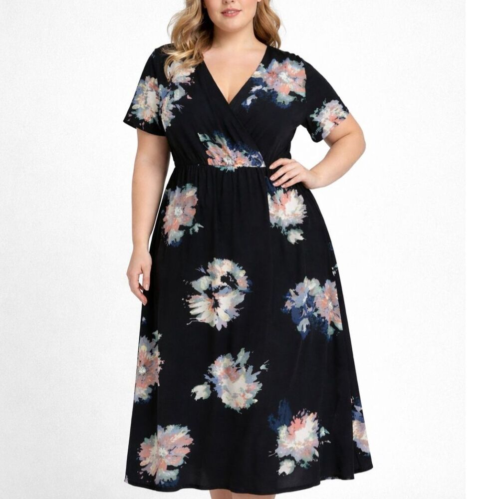 Women's XL Black Floral Faux Wrap Midi Short Sleeve Flowy Dress